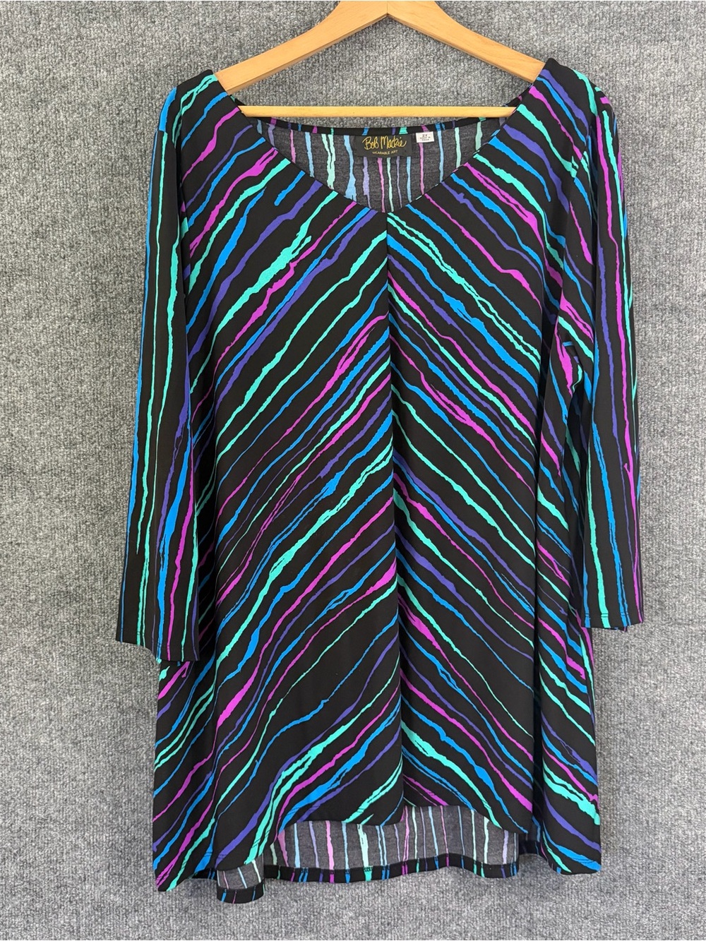 Bob Mackie Womens 2X Artsy Tunic Top Black Multicolor V Neck Stretch Casual